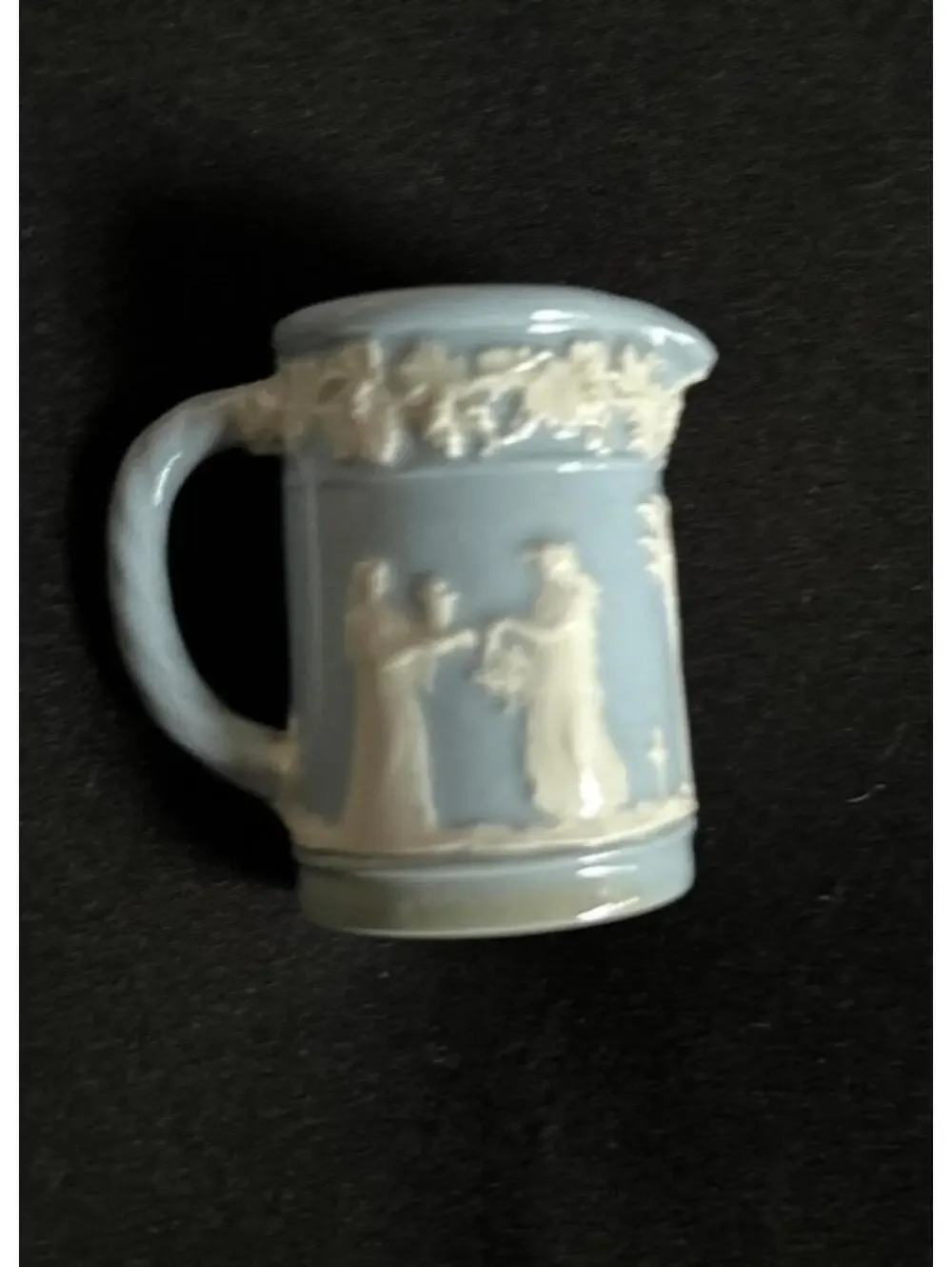 Vintage Blue Jasperware Mini Pitcher with White Relief Decoration